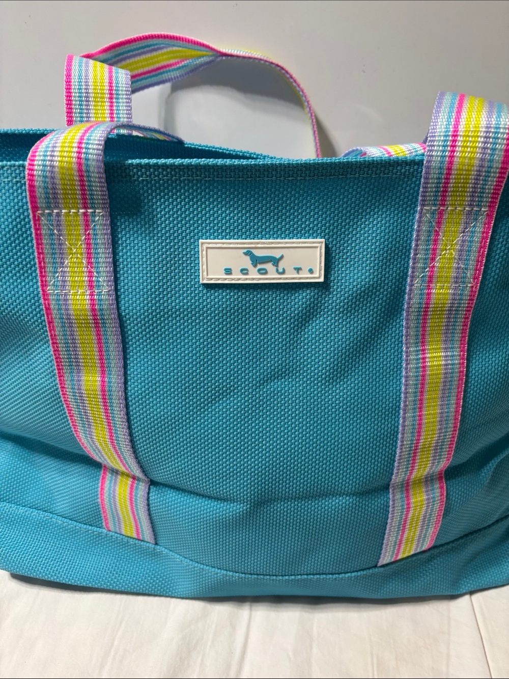 Scout Turquoise Canvas Tote with Multicolor Striped Handles